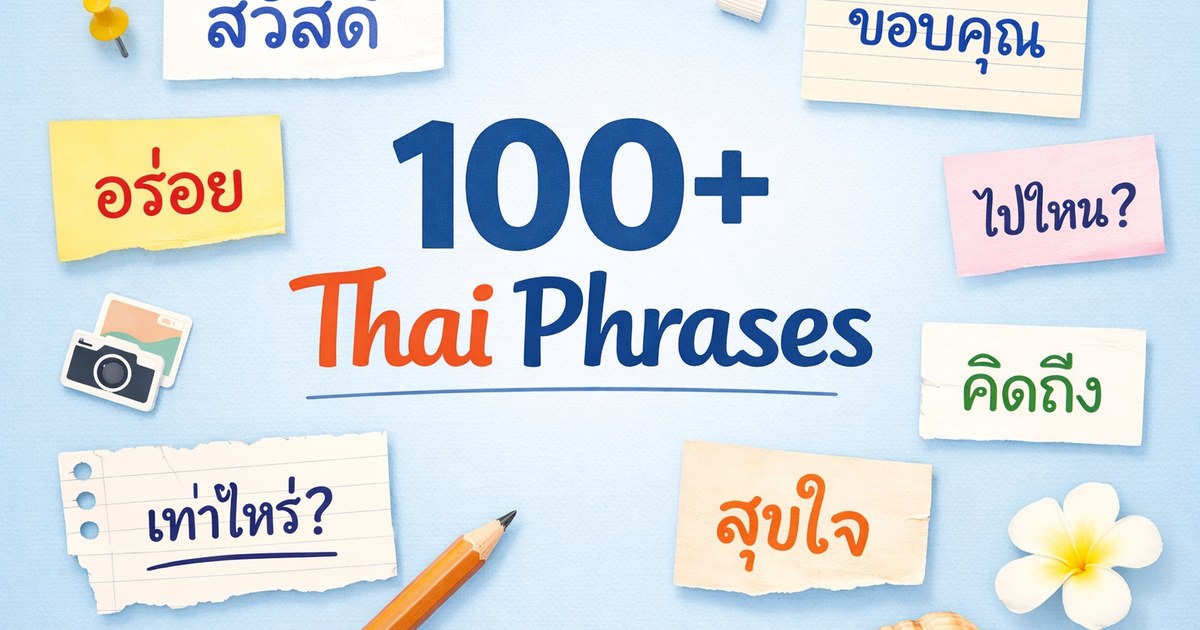 Colorful flashcards showing essential Thai phrases and script